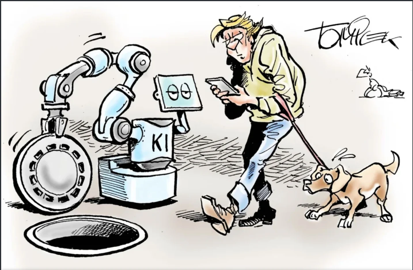 Cartoon: Ein KI-Roboter hält einen Kanaldeckel hoch, während ein Mann auf sein Smartphone blickt und auf die offene Stelle zugeht.